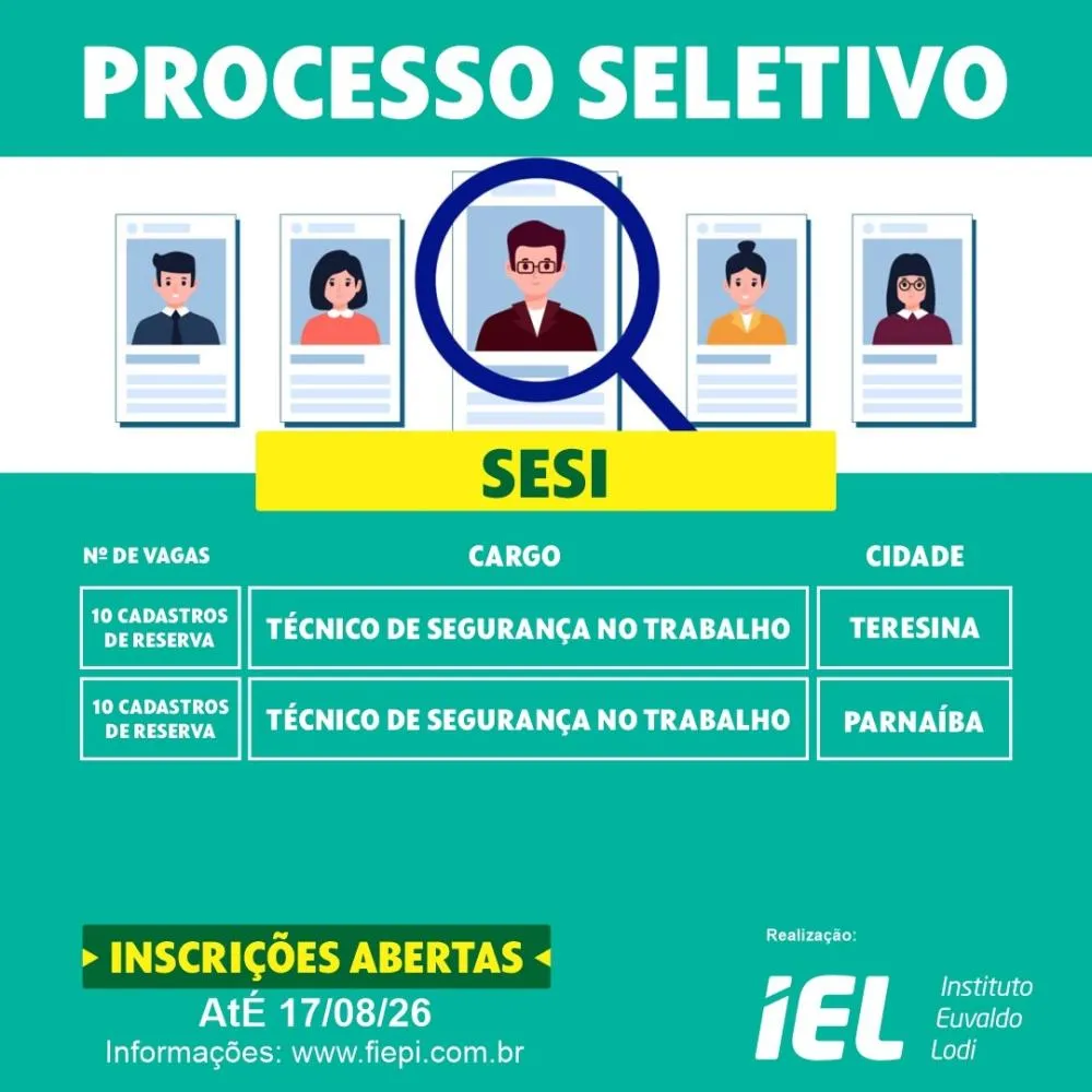 SESI Piauí abre processo seletivo para cadastro de reserva de Técnicos de Segurança do Trabalho