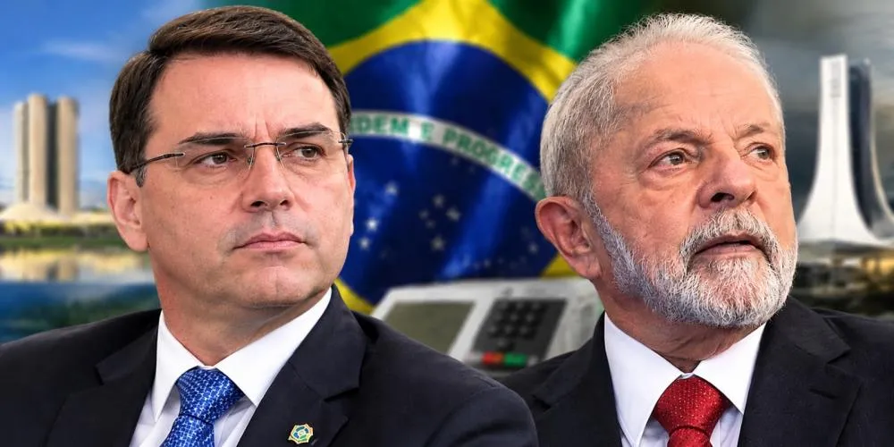 Flávio Bolsonaro e Lula da Silva - Foto: Reprodução/Imagem gerada por IA