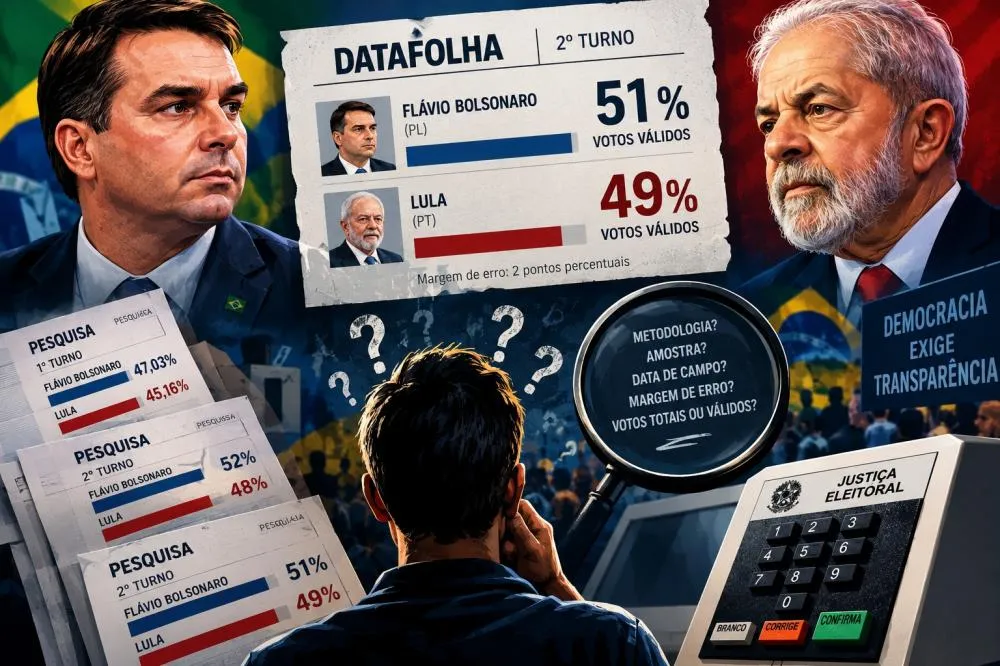 DATAFOLHA revela Flávio e Lula em empate técnico - Foto: Reprodução/Imagem criada por IA