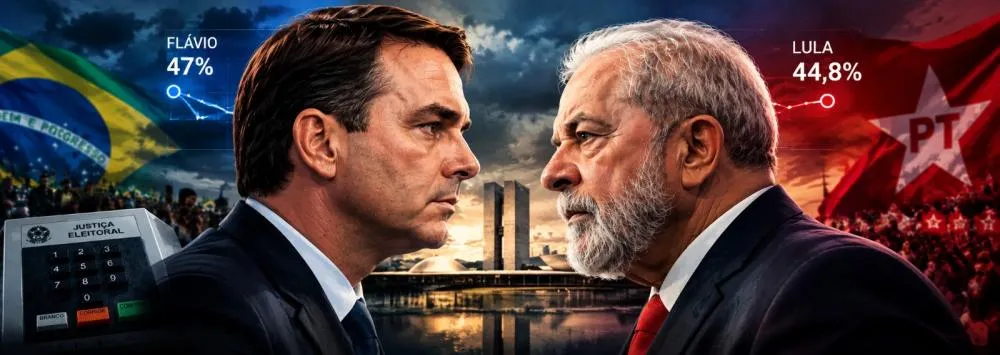 Flávio Bolsonaro sempre na frente. Pelo agregador O Globo, 2,2% em relação ao petista Lula da Silva - Foto: Reprodução/Imagem gerada por IA