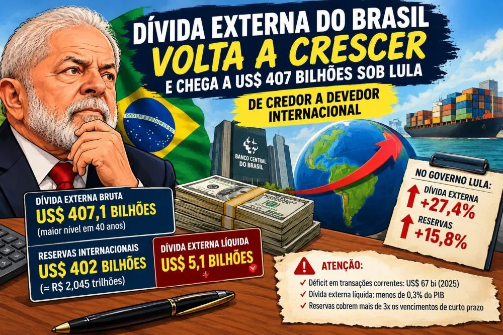 Brasil volta a dever ao exterior após 19 anos, e dívida externa supera US$ 407 bilhões sob Lula
