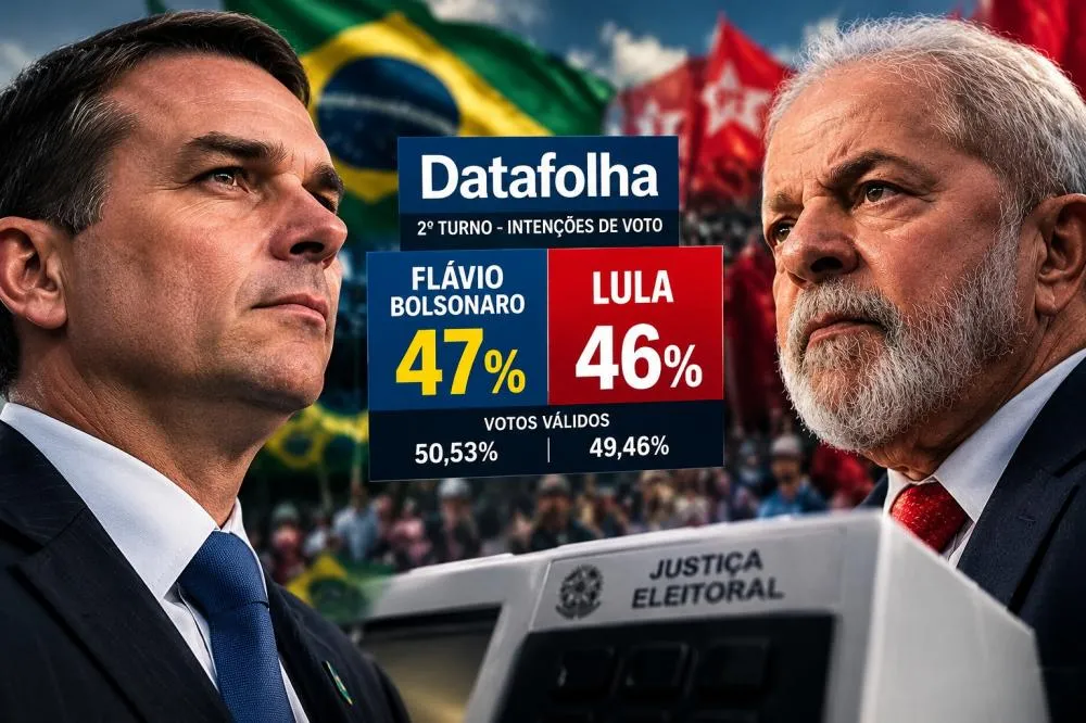 Mesmo no Datafolha Flávio Bolsonaro mantém a dianteira numérica em relação a Lula - Foto: Reprodução/Arte gerada por IA