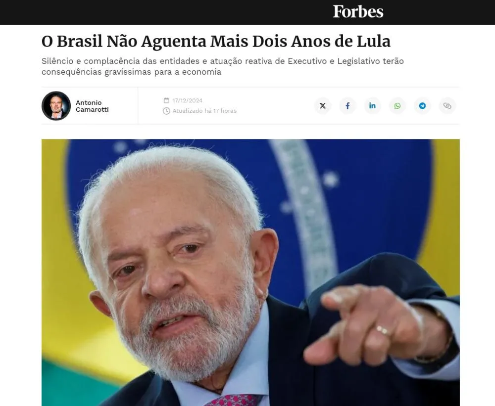 Economia em colapso: Brasil não aguenta mais dois anos de Lula, diz Forbes