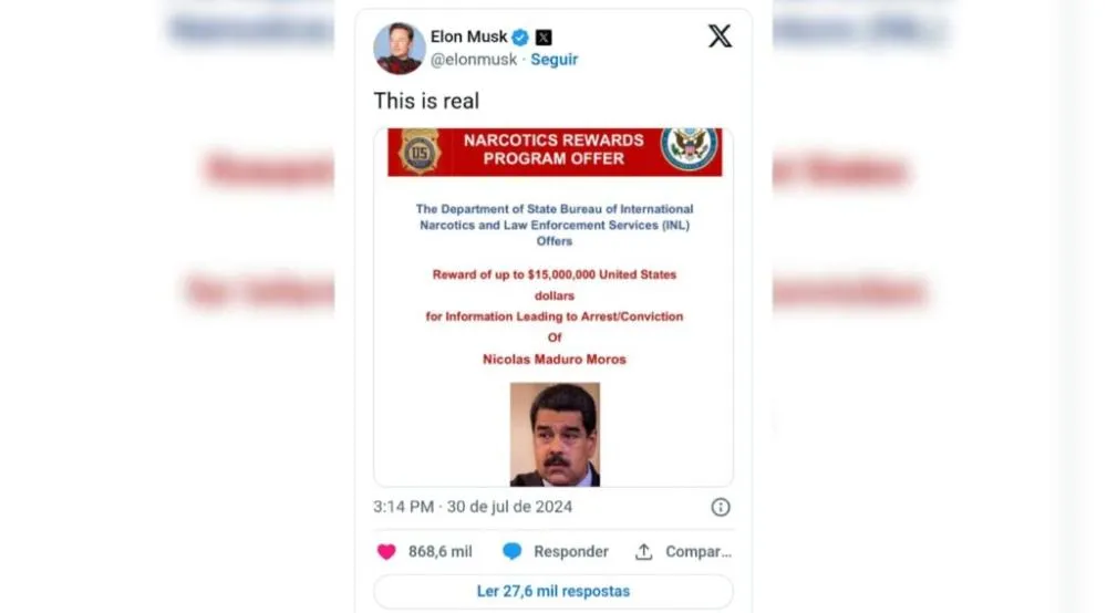  Musk chama a atenção do mundo para o prêmio de US$ 15 mi para quem capturar Nicolás Maduro