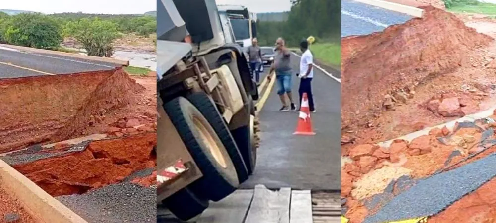 Ponte de madeira na BR 222 e asfalto arrancado na estrada do Cânion do Rio Poti