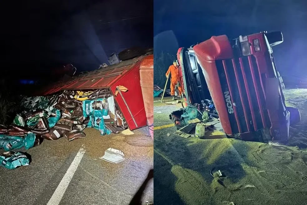 Caminhão carregado de ração tomba na BR-343 e trânsito fica lento